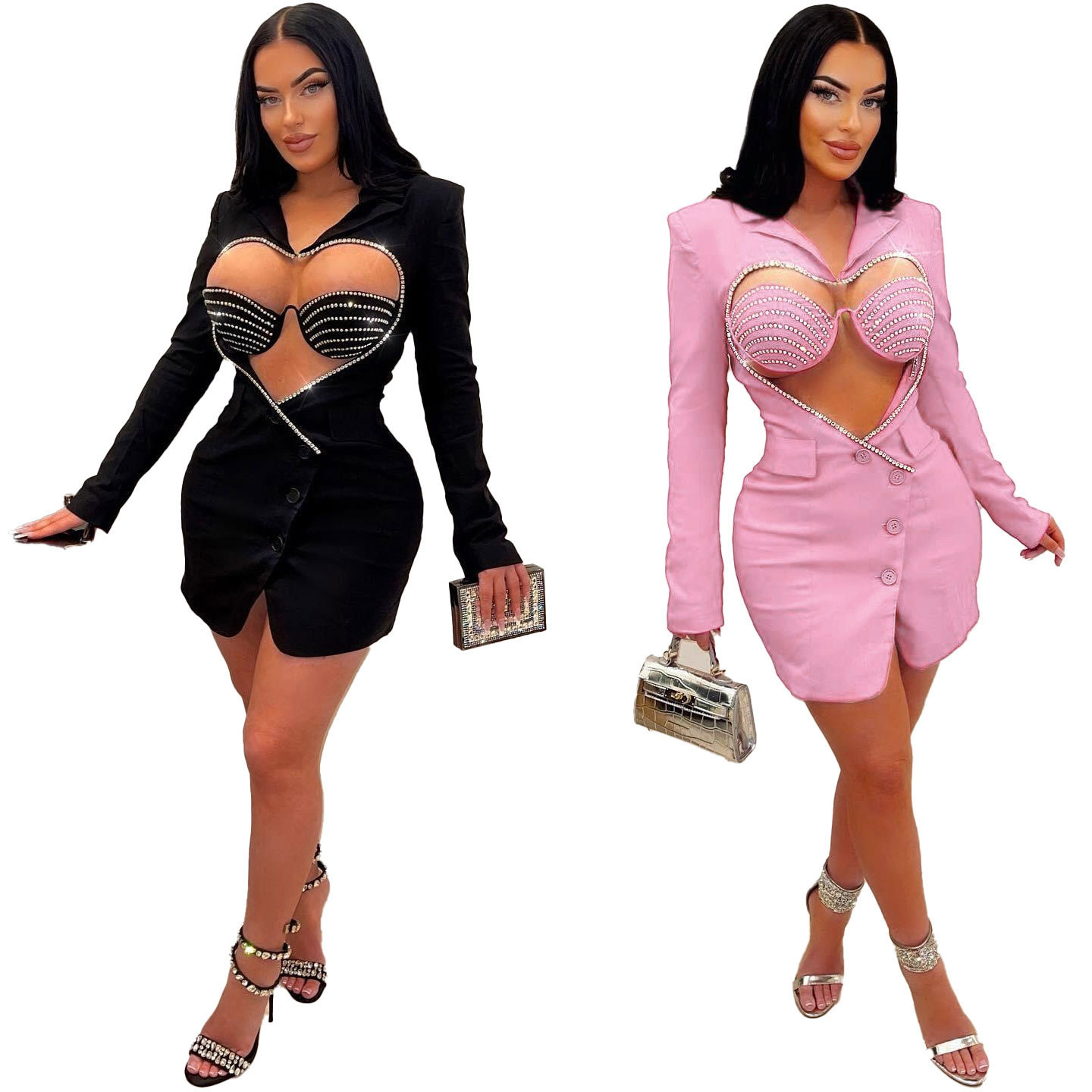 Women's Clothing Slim Fit Two Piece Set Style Sexy Solid Color Bodycon Suit With Rhinestone Heart Shaped Design For Women_voghion.com