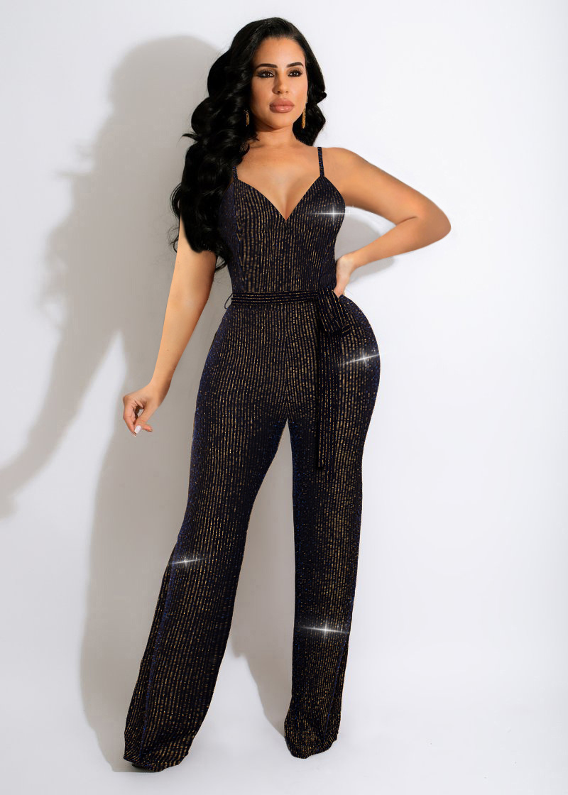 V-neck suspender lace-up wide-leg bright silk jumpsuit NSSME129747