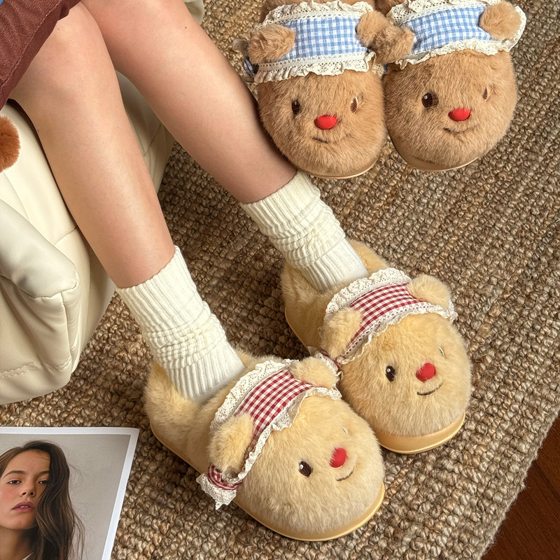 Tiktok Trending Bear-Shaped Cotton Slippers for Women, Autumn and Winter Fleece-Lined Warm Slippers, Winter Indoor Home Plush Cotton Slippers
