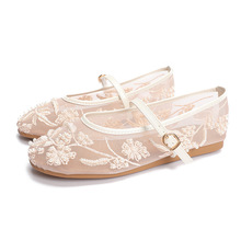 刺绣珍珠网眼芭蕾舞鞋女时尚镂空网纱圆头平底一字扣带玛丽珍单鞋