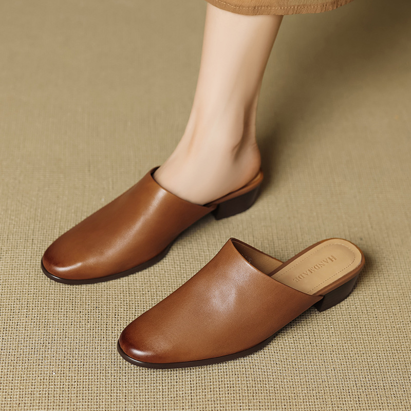 Giày mule nữ mũi tròn da bò thật đế bệt phong cách đơn giản — đen