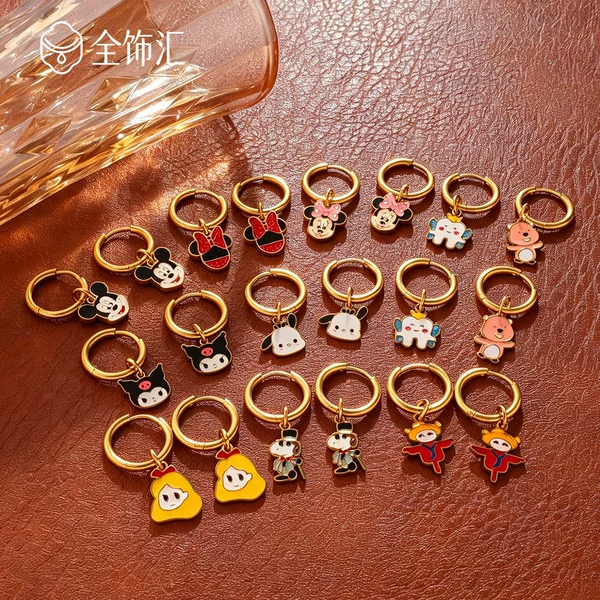 Cross-border ins cute cartoon oil-drip stainless steel gold-plated earrings, various styles with anime characters, versatile pendant earrings