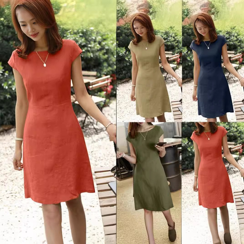 2023 Independent station Amazon new dress back zipper round neck solid color short sleeve cotton linen jumpsuit