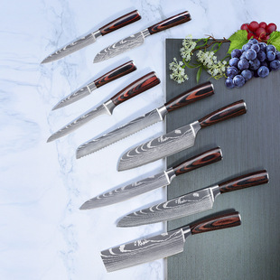 Cross-Border Spot Damascus Laser Pattern Knife Set Chef's Knife Bread Knife Stainless Steel Kitchen Knife Cooking Knife