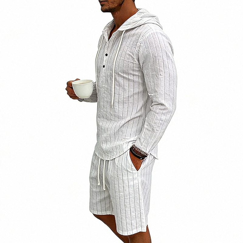 Men's Linen Long Sleeve Hooded Henley Shirt With Shorts Set, Jacquard Vertical Stripe Pattern, Relaxed Fit For Summer Commute And Casual Wear_viptrois.com