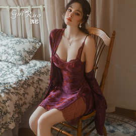 瑰若性感诱惑蝴蝶印花睡衣深V聚拢加胸垫蕾丝睡裙外袍套装QJ5286
