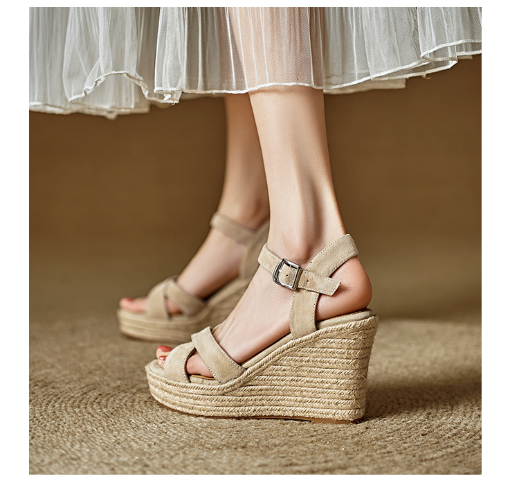 Sandal cao gót nữ đế xuồng đan rơm, quai ngang, hở mũi, gót 10 cm — màu đen, màu mơ chi tiết 12