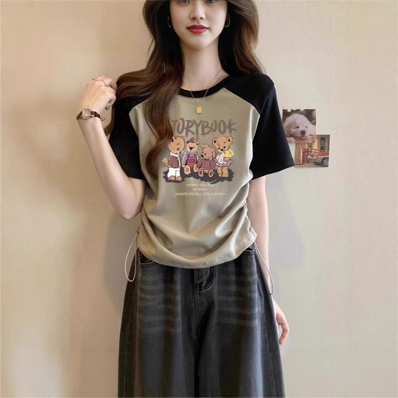 American Style Raglan Sleeves, Contrasting Color Pure Cotton Short-Sleeved T-Shirt, Drawstring Design, Niche Summer Slimming Look Asymmetrical Top American Style Raglan Sleeves, Contrasting Color Pure Cotton Short-Sleeved T-Shirt, Drawstring Design, Niche Summer Slimming Look Asymmetrical Top