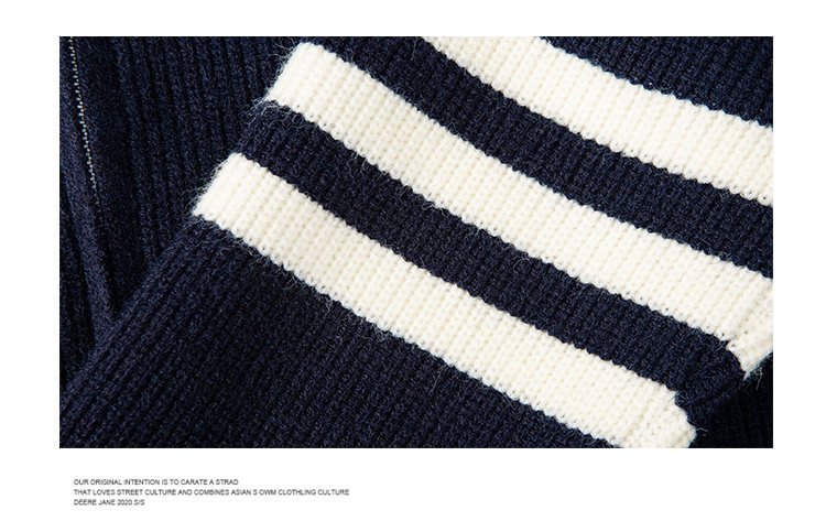Men's Oversized Striped Knit Cardigan Grey Black Navy Wool Blend_voghion.com