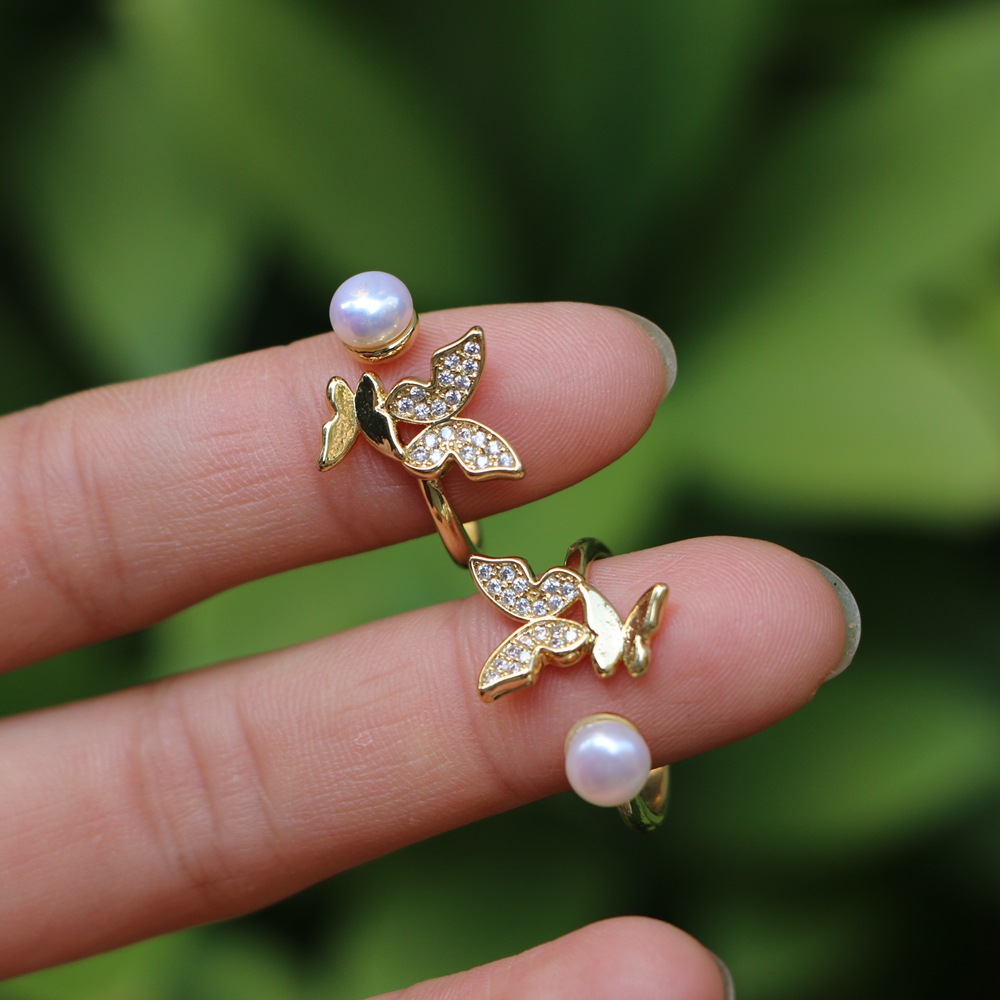 New fashion womens new adjustable open diamond butterfly pearl crystal copper ringpicture3