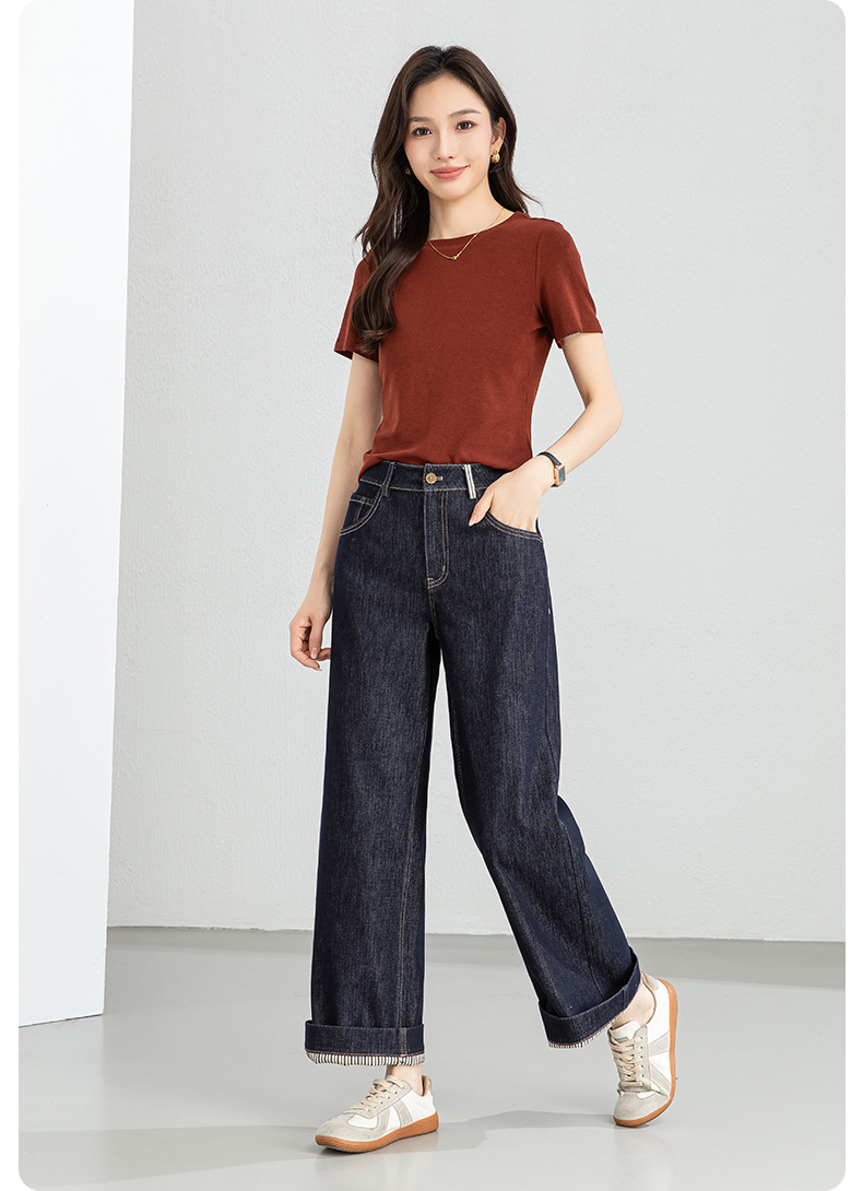 Quần jean nữ ống rộng cạp cao dáng suông vải denim xanh — Xanh da trờicolor chi tiết 21