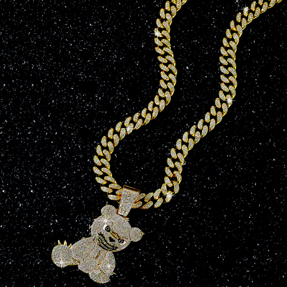 Ventas transfronterizas hiphop oso sonrisa colgante cadena cubana colgante de diamantes lleno club nocturno Bungee moda collar de rap masculino