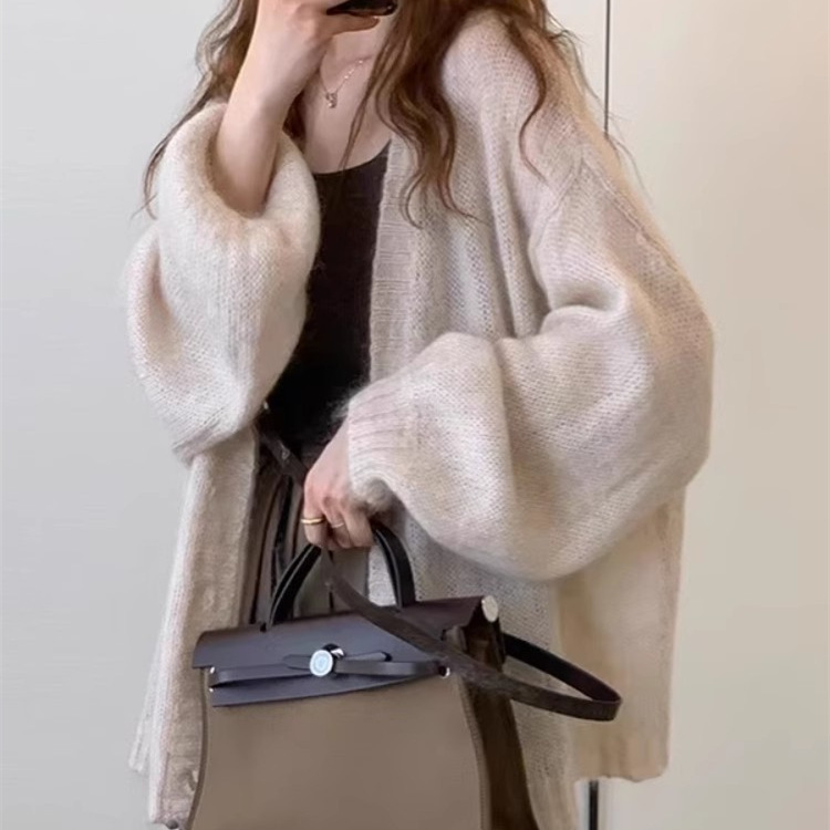 复古灯笼袖马海毛针织开衫薄款外套女2025新款慵懒风毛衣宽松上衣|undefined