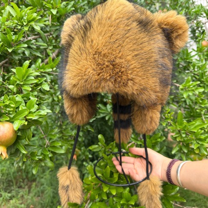 Furry Little Raccoon Hat with Thickened Ear Protection and Tail, Winter Outdoor Fashion Warm Ski Hat for Men and Women