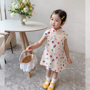 Summer Girls dress Baby Online Red Foreign Style Children's Personalized Fashion Chinese Style Broken Flowers Cheongsam Princess Dress
