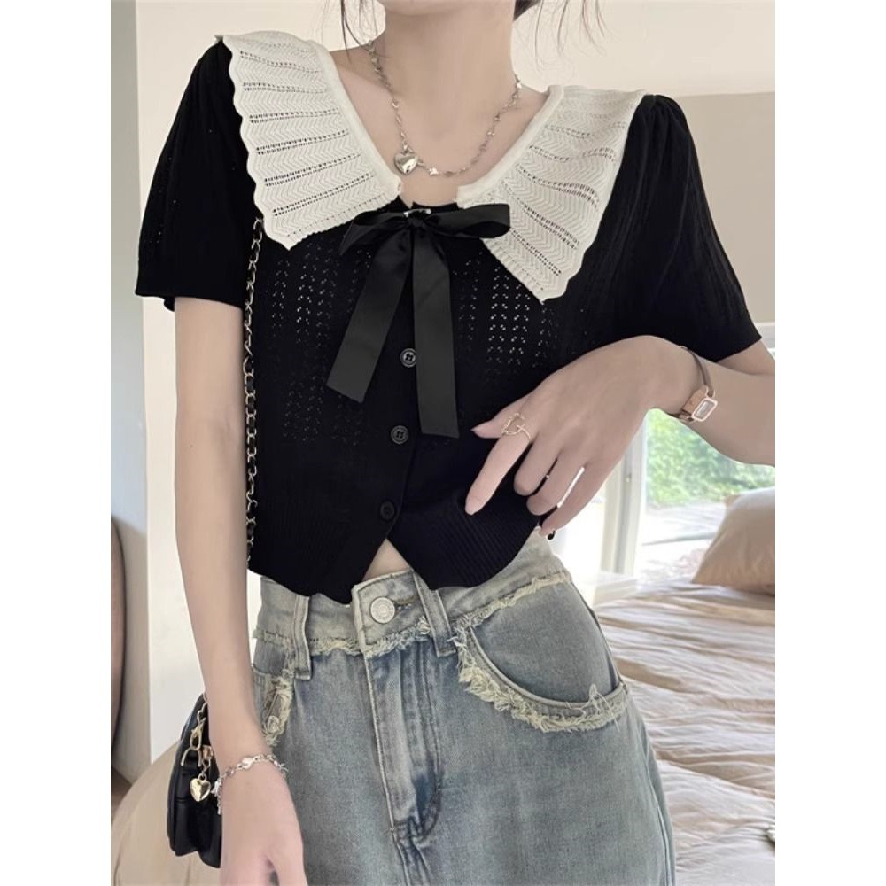 Doll Collar Hollow Short-Sleeved Knitted Cardigan Summer Lapel Short College Style Top