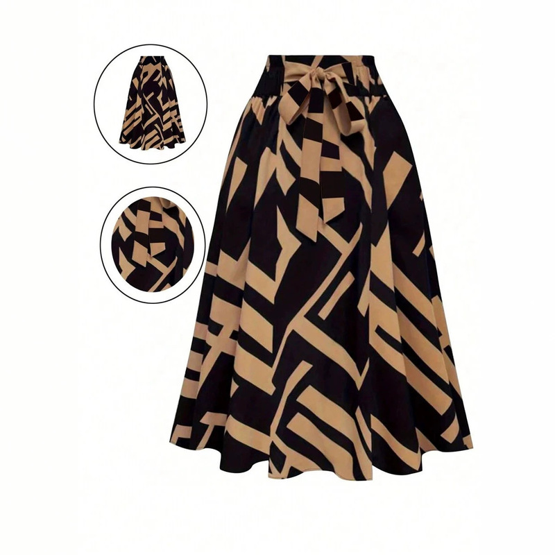 Mid-Length Skirt, New European and American Cross-Border Style, Retro Print, High-Waisted, Slimming Skirt with Elastic Waist Design Mid-Length Skirt, New European and American Cross-Border Style, Retro Print, High-Waisted, Slimming Skirt with Elastic Waist Design