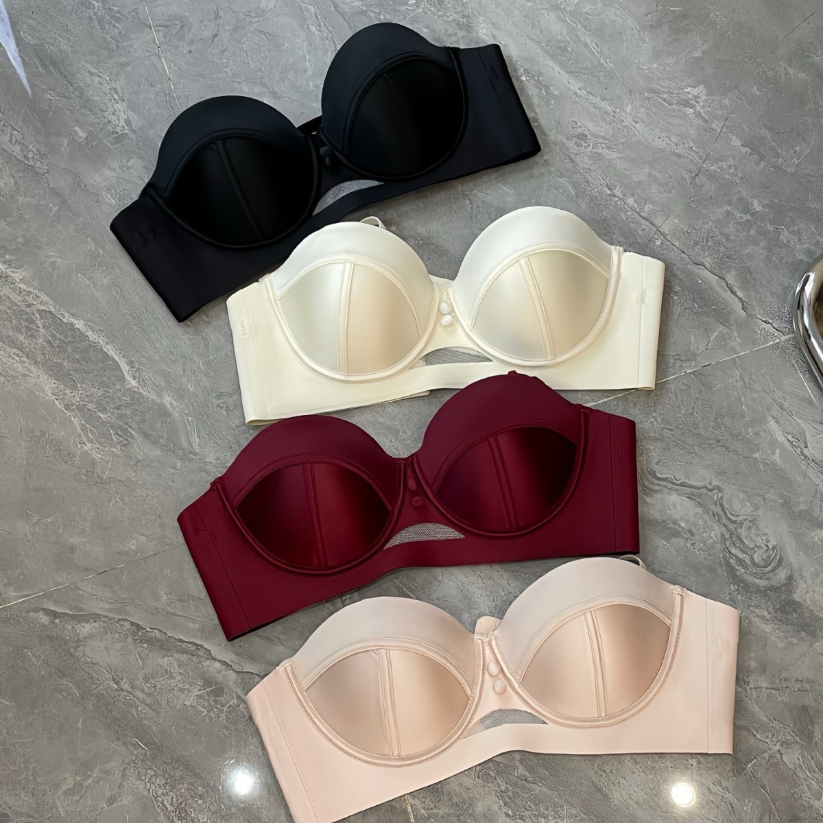 2898 Taza de masaje de pecho pequeño de satén nacarado de alta gama francesa, ropa interior súper fruncida, sujetador anti-flacidez superior para mujer