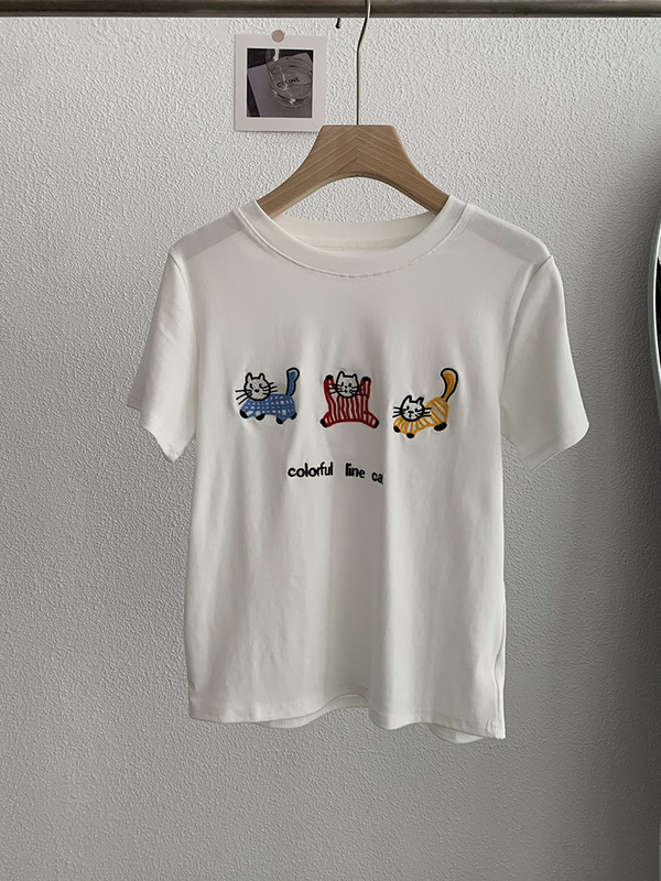Omalai 三匹の子猫刺繍ラウンドネック右肩半袖 Tシャツ夏カジュアル万能ファッショントップ 3507|undefined