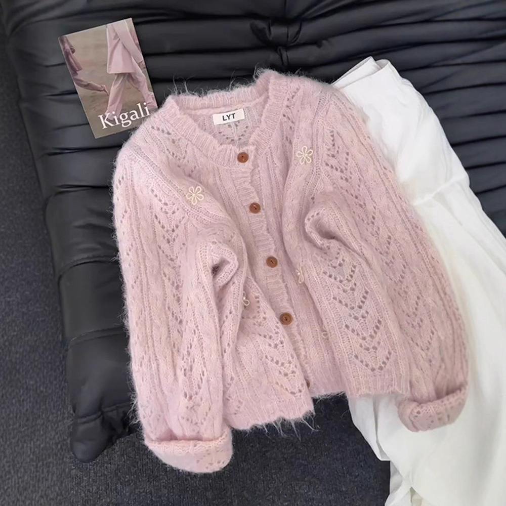 Korean Style Round Neck Cut Out Lace Knitted Cardigan for Women Early Autum 2025 New Fashion Versatile Age-Reducing Sweater Jacket