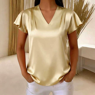 欧美女装2026亚马逊夏季新款V领雪纺褶皱宽松短袖上衣