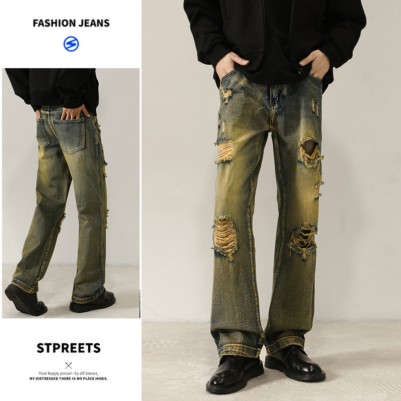 [Limited Price 99] Trendy Brand Handsome Street Ripped Jeans Retro Distressed Rust Denim Straight Long Pants