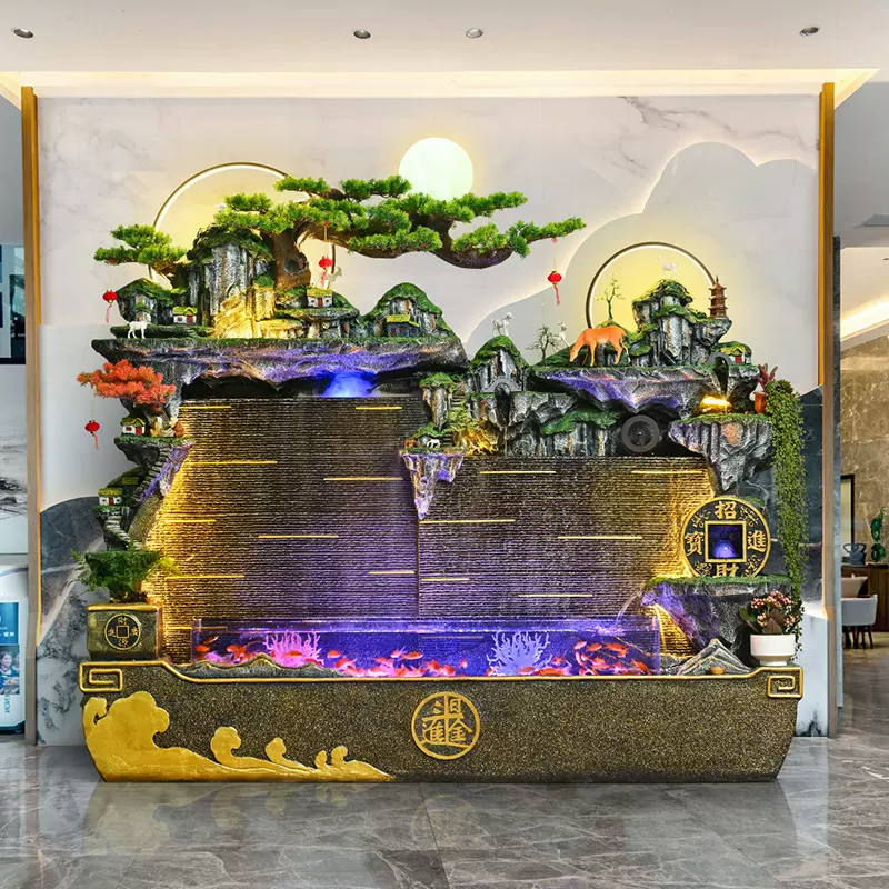东南亚大型假山流水喷泉水幕墙鱼缸落地摆件客厅阳台养鱼景观装饰