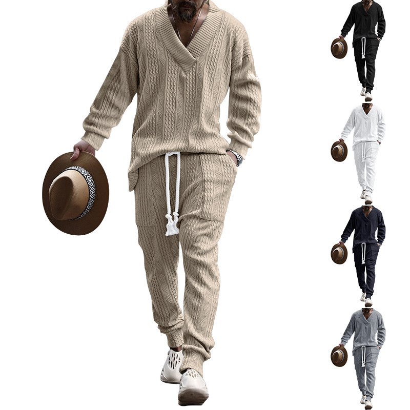 2023 neue Casual Hosen V-ausschnitt Vielseitig Jacquard Strick männer Herbst Set_voghion.com