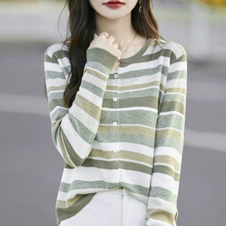 早秋法式复古修身条纹上衣薄款毛衣精纺羊毛针织打底开衫女批发