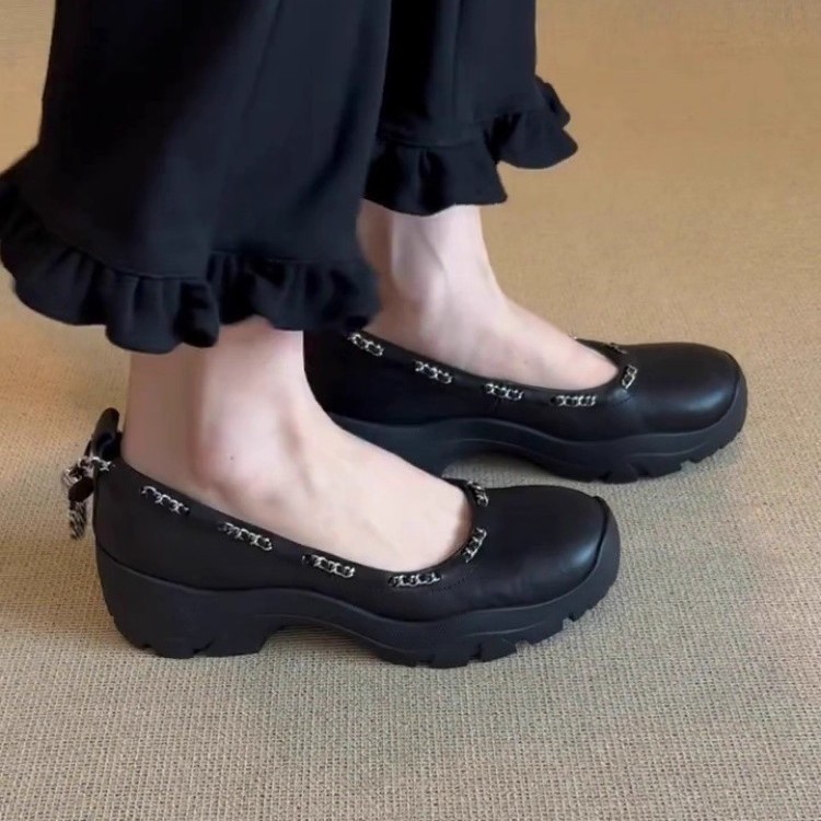 羊皮版~2025新款真皮厚底玛丽珍鞋女甜美链条设计一脚蹬浅口单鞋|undefined