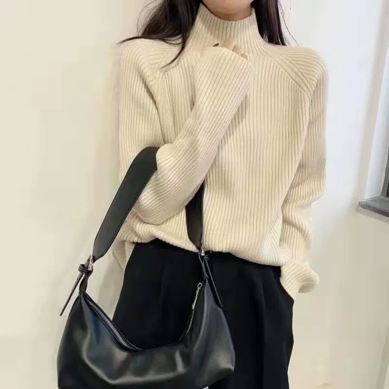 Женская свободная утолщенная трикотажная рубашка в стиле ретро от 200 Jin больших размеров в гонконгском стиле с коротким воротником-черепахой, новинка осень-зима