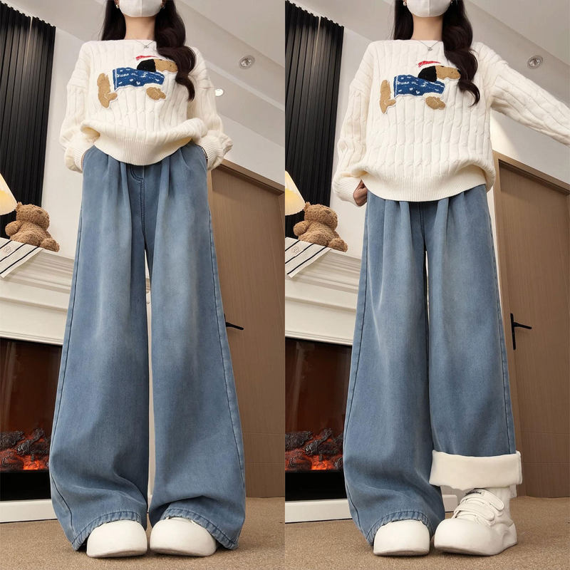 Tencel Jeans for Women, Autumn/Winter 2026 New Style, Loose Fit, Plus Size, High-Waisted, Drapey Straight-Leg, Petite, Fleece-Lined Wide-Leg Pants
