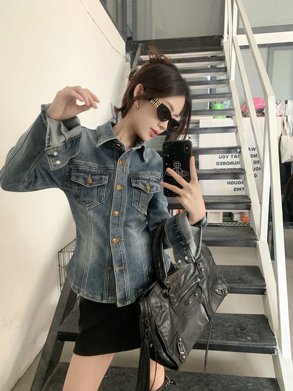 复古蓝色长袖衬衫外套女秋季修身收腰牛仔衬衣设计感气质开衫上衣|undefined