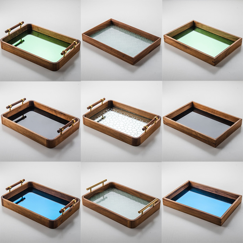 实木托盘长方形镜面茶盘高级感拍照道具家用胡桃木茶承中式餐盘