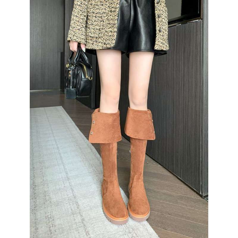 sukii レトロブラウンツーウェアメイラードスエードハイブーツ太ヒールニーハイブーツハイブーツレディース