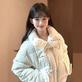 韩版复古波点加厚保暖棉服女冬季新款羊羔毛拼接设计感宽松面包服