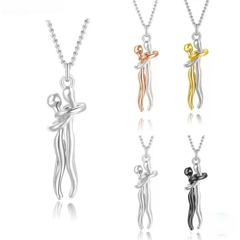 Real Gold Electroplated S925 Couple's Love Embrace Pendant Necklace for Women, Light Luxury Exquisite Clavicle Chain, Cross-Border Wholesale