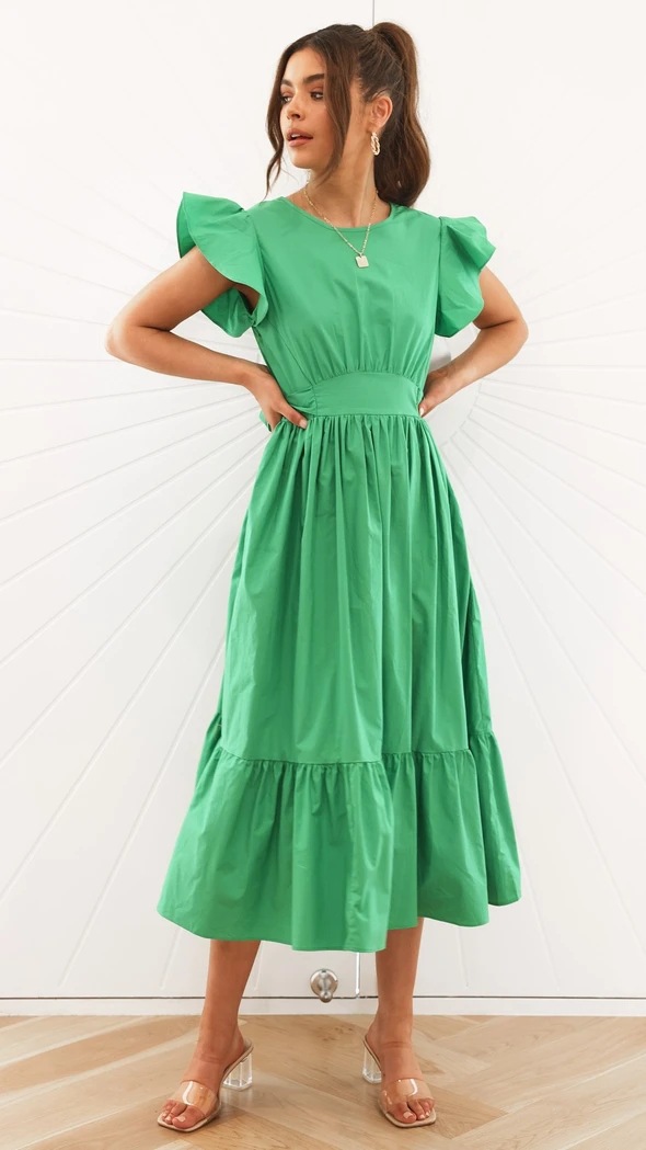 solid color ruffled short-sleeved large swing long dress  NSCXY120898