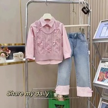 女童套装春秋款2025新款洋气儿童秋装女孩时髦马甲衬衫秋季三件套