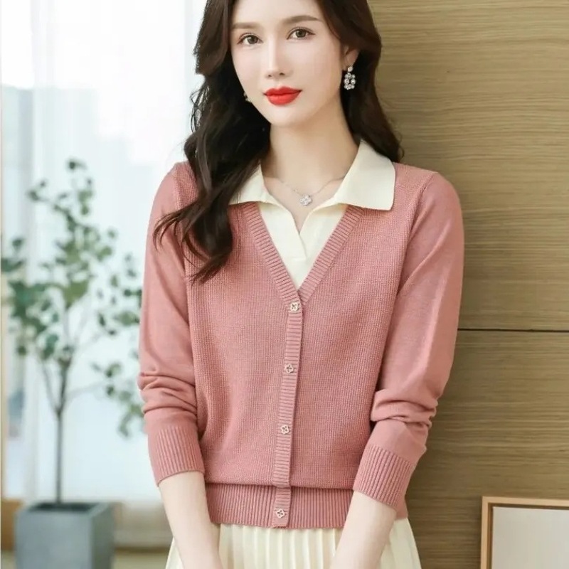 女士针织衫春秋2025新款妈妈欧货薄款小衫时尚洋气假两件开衫上衣|undefined