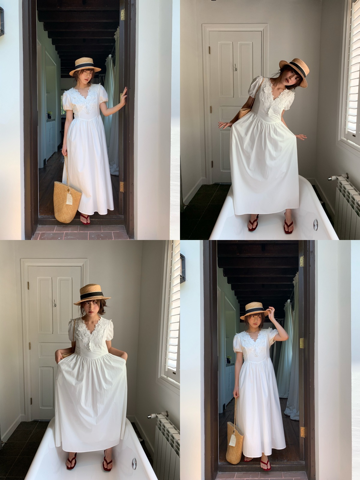 美を解釈する NEWOPEN 25 夏 フレンチスタイル 重厚なハイウエストレース Vネック パフスリーブワンピース レディース S5521