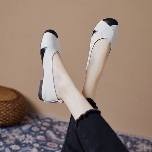 Women's Shoes Spring and Summer  New Granny Shoes Women's Flat Cross Retro Shallow Mouth Maternity Shoes Single Shoes Color Matching Mom's Shoes