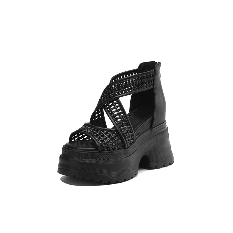 Sandal cao gót La Mã dệt quai ngang đế nêm hở mũi gót 12 cm — Màu vàng trắng, Màu đen, Màu trắng bạc
