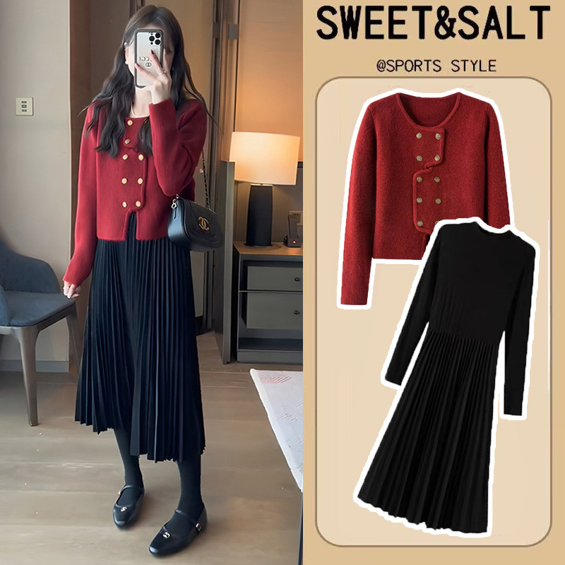 Breastfeeding Clothing for Going Out in Autumn and Winter, Red Sweater Knit Cardigan + Base Dress, Postpartum Nursing Set