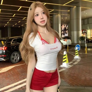 6629 Summer Cotton Spice Girl Lace Plaid Fake Two-piece Corset Short-sleeved Women's Inner Plaid Contrast Color Bottoming Girl