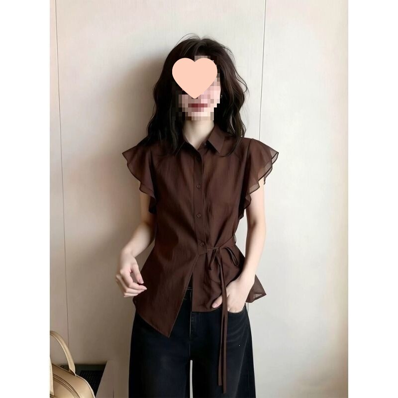 Stylish Coffee-Colored Short-Sleeve Shirt with Small Lapel for Women, 2026 Summer New Style, Waist-Cinching Tie, Ruffled Edge, Elegant Top