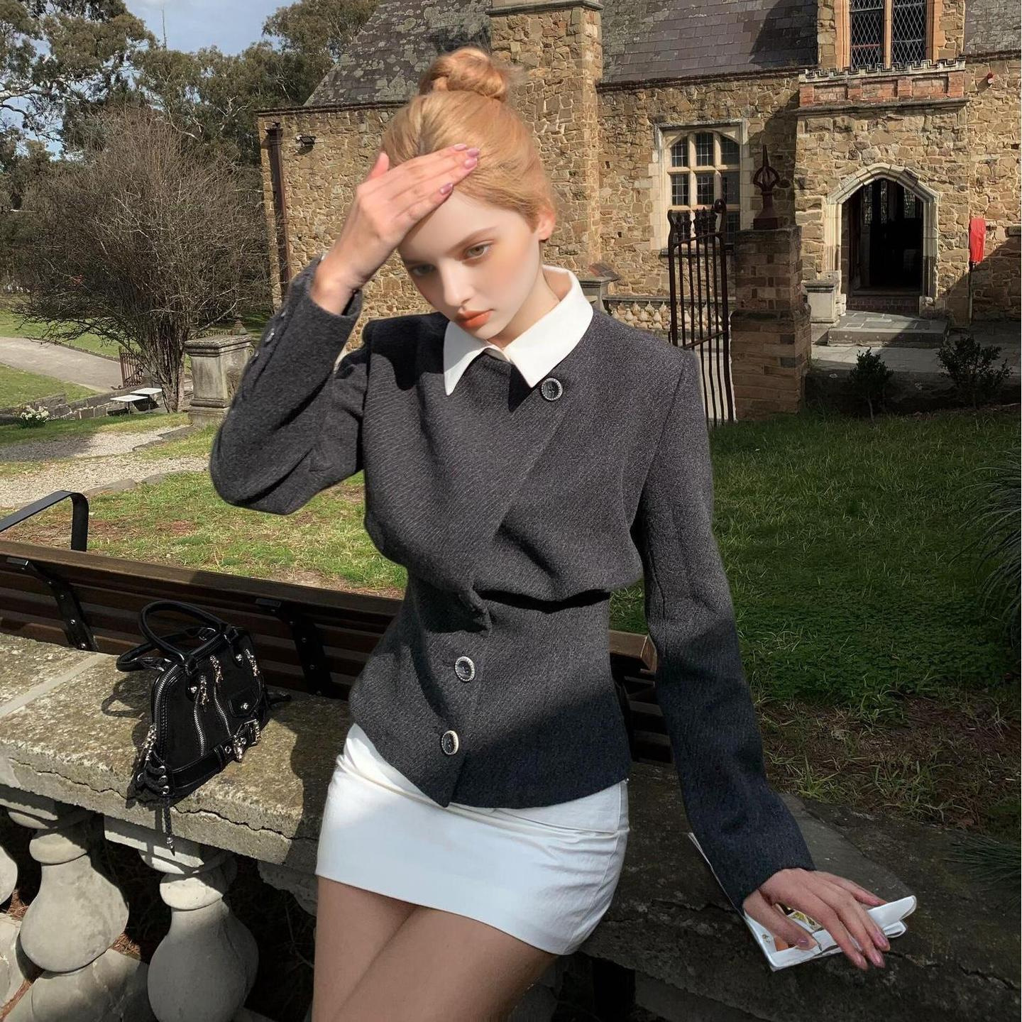 French-Style Fashionable Elegant Faux Two-Piece Lapel Wool Coat Autumn Versatile Design Waist-Slimming Short Top