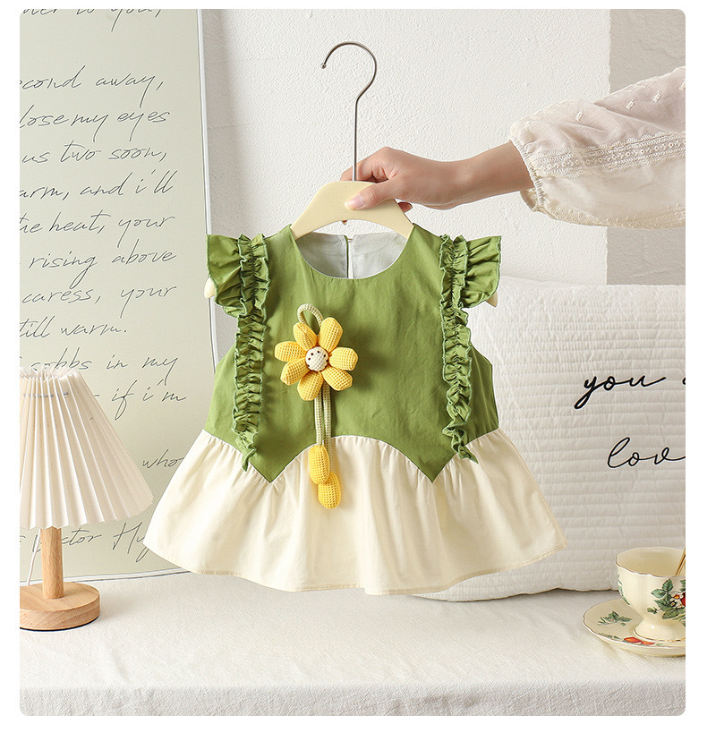 Vestido de algodón con mangas voladoras con costuras de flores para bebés y niños pequeños, vestido de princesa con chaleco con orejas de madera para bebés de nuevo estilo de verano