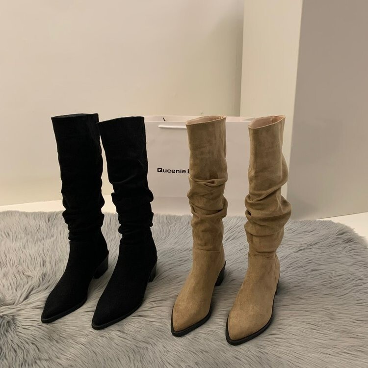High-heeled Suede Western Mid-length Boots Women's Shoes 2024 New Autumn and Winter fleece-lined Pointed Heap Long Barrel Knight Boots High-heeled Suede Western Mid-length Boots Women's Shoes 2024 New Autumn and Winter fleece-lined Pointed Heap Long Barrel Knight Boots
