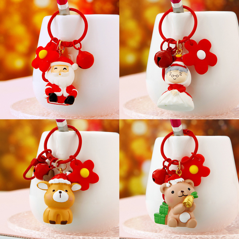 Santa Claus elk snowman car keychain cute men and women bag pendant key chain ring bell ornaments gift